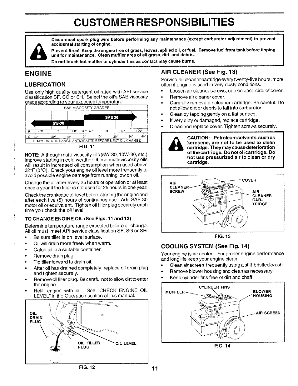 Engine, Lubrication, Air cleaner (see fig. 13) | Cooling system (see fig. 14), Customer responsibilities | Poulan 172498 User Manual | Page 11 / 24