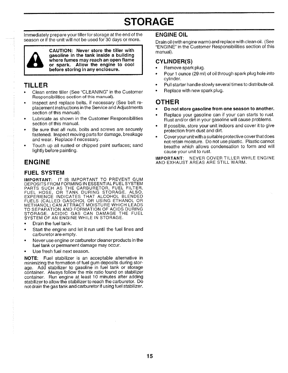 Storage, Tiller, Engine | Fuel system, Engine oil, Cylinder(s), Other | Poulan 172498 User Manual | Page 15 / 24