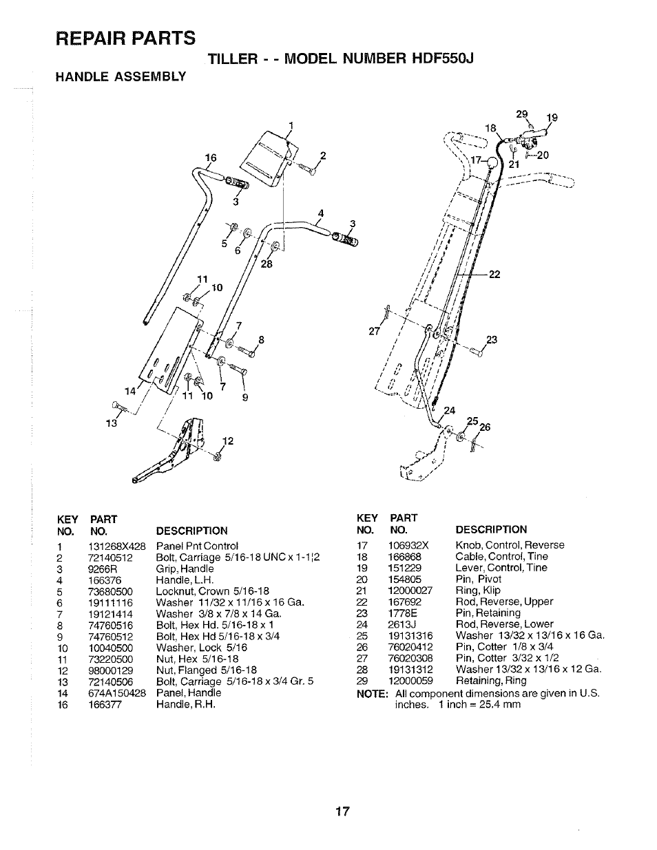 Handle assembly, Repair parts, Tiller - - model number hdf550j | Poulan 172498 User Manual | Page 17 / 24