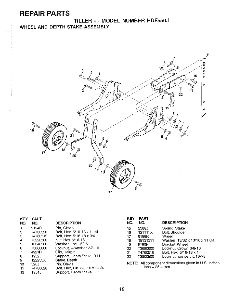 Tiller - - model number hdf550j, Repair parts, Wheel and depth stake assembly | Poulan 172498 User Manual | Page 19 / 24