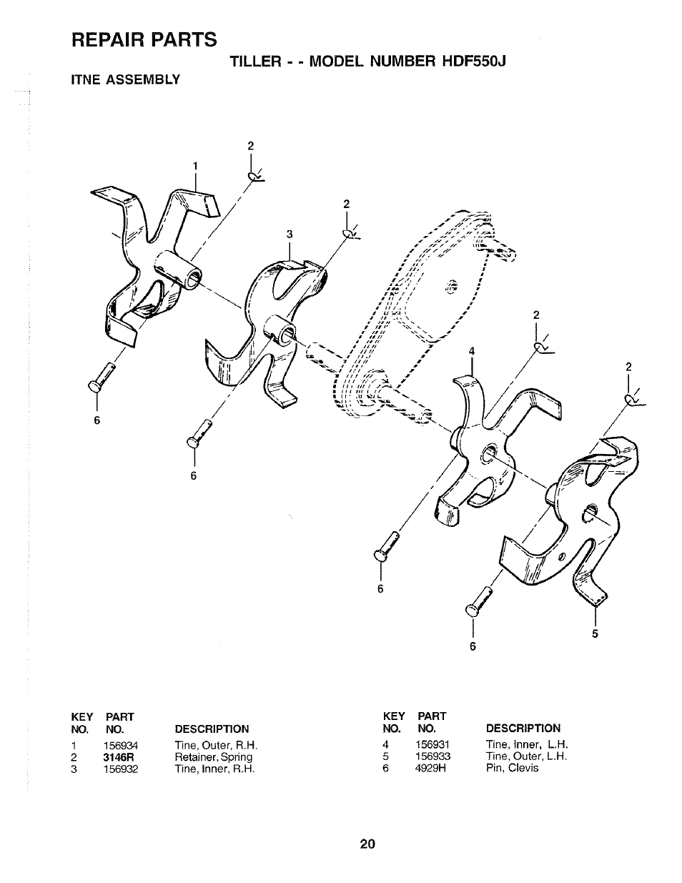 Itne assembly, Repair parts, Tiller - - model number hdf550j | Poulan 172498 User Manual | Page 20 / 24