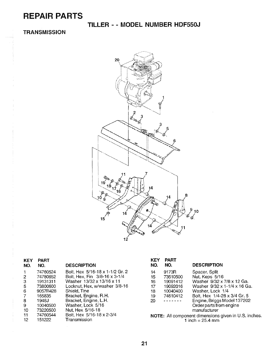 Repair parts, Tiller - - model number hdf550j, Transmission | Poulan 172498 User Manual | Page 21 / 24