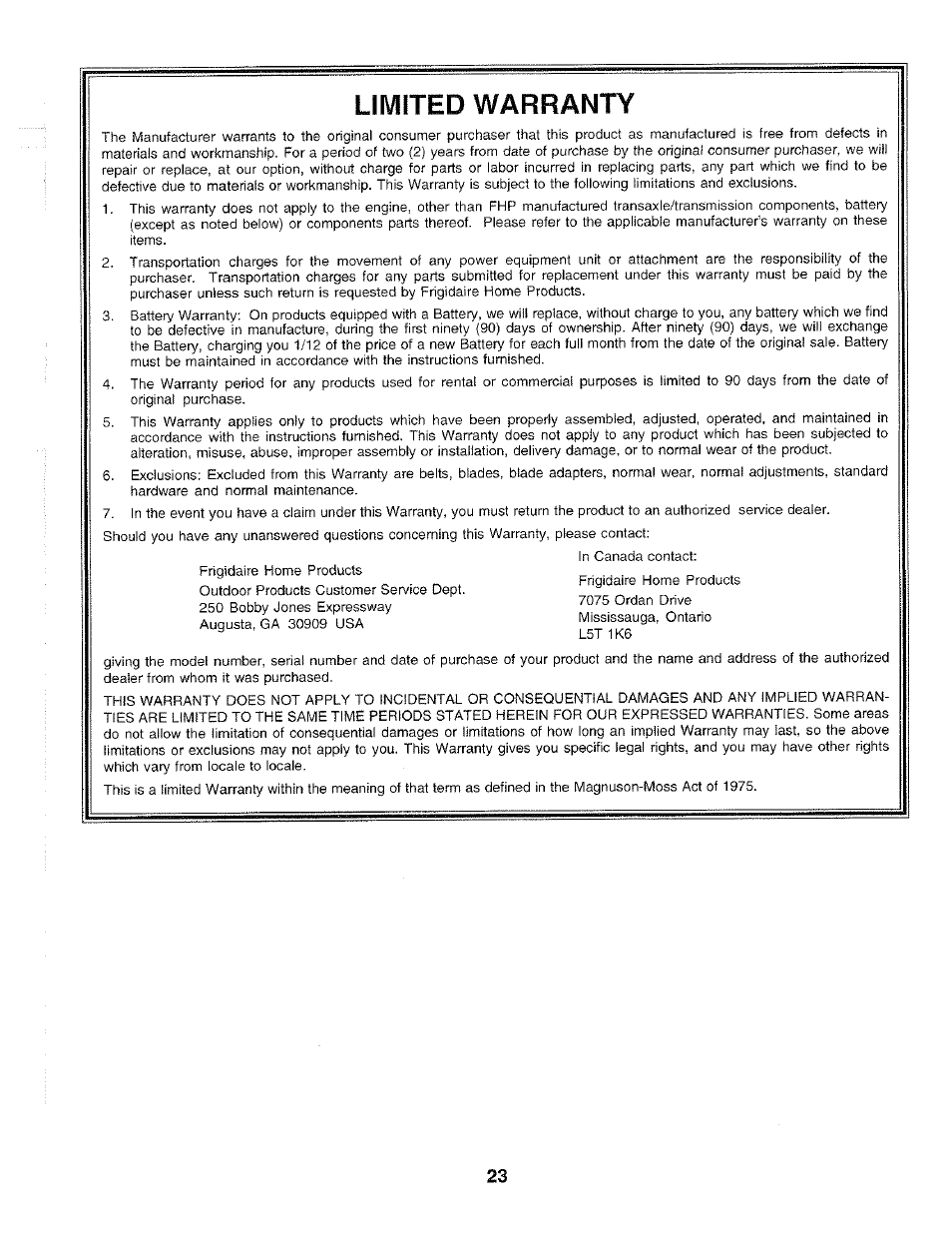 Limited warranty | Poulan 172498 User Manual | Page 23 / 24