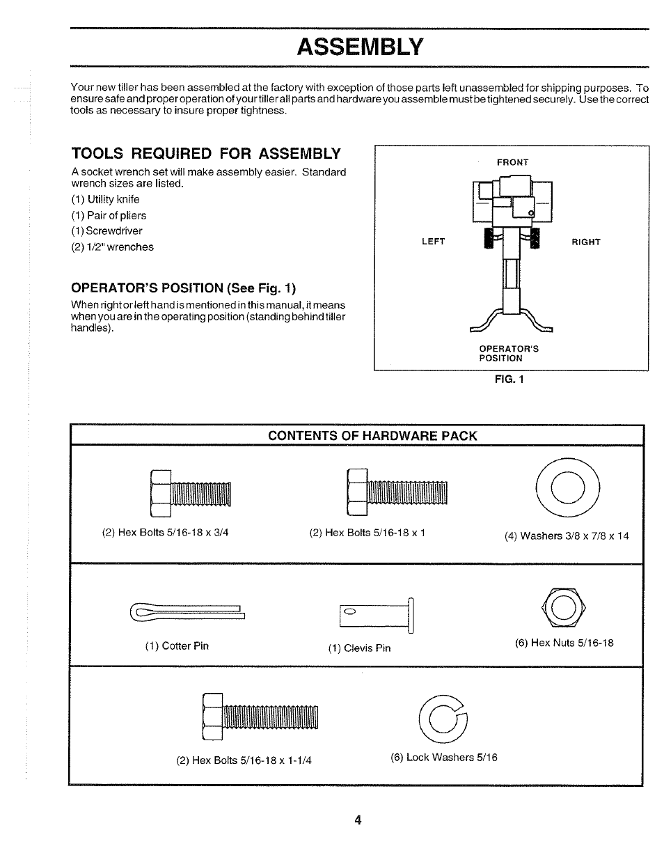 Assembly, Operator’s position (see fig. 1), Tools required for assembly | Poulan 172498 User Manual | Page 4 / 24