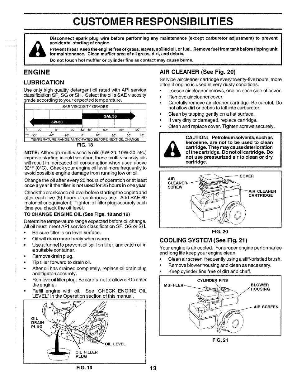 Engine, Lubrication, Air cleaner (see fig. 20) | Cooling system (see fig. 21), Customer responsibilities | Poulan CHDR500E User Manual | Page 13 / 28