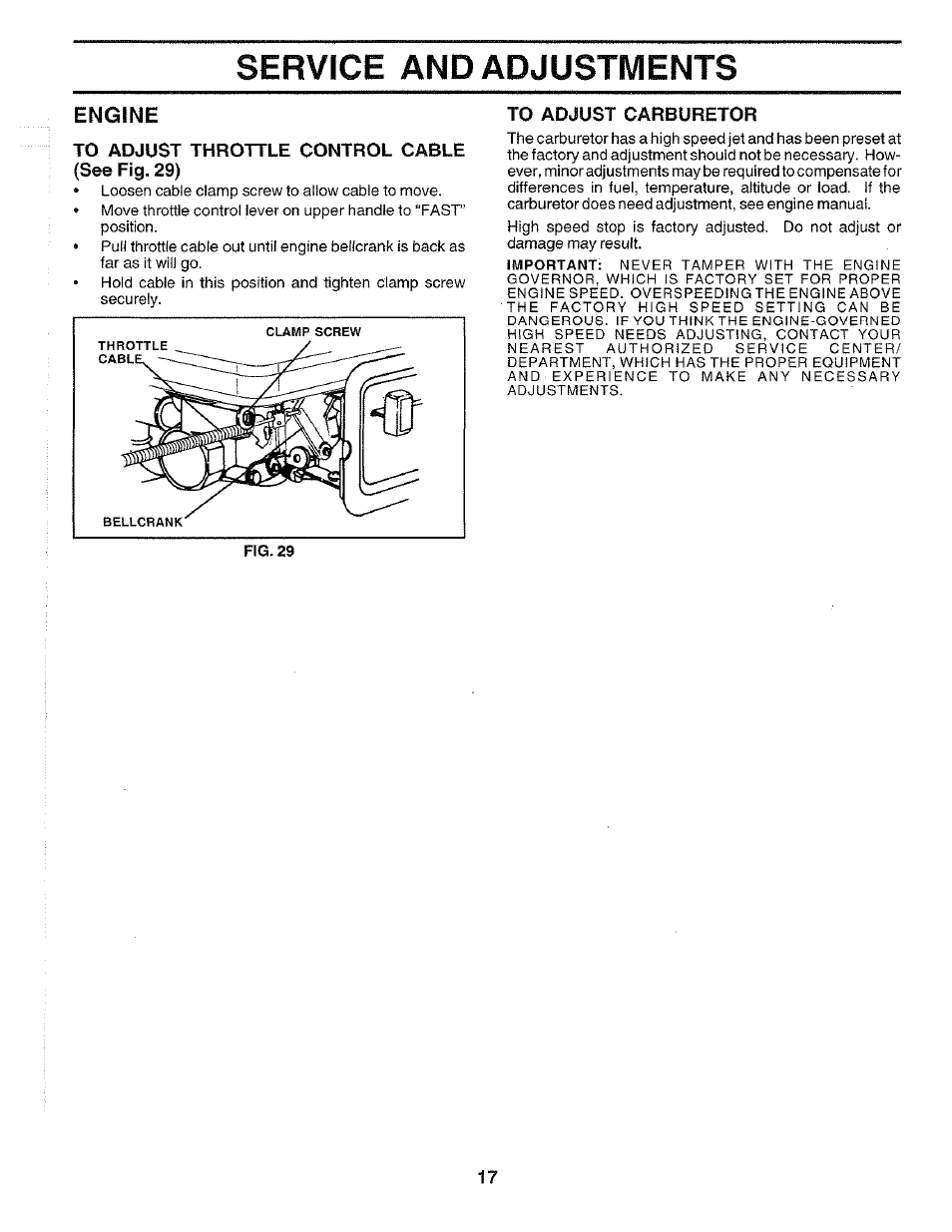 Engine, To adjust throttle control cable, See fig. 29) | To adjust carburetor, Service and adjustments | Poulan CHDR500E User Manual | Page 17 / 28