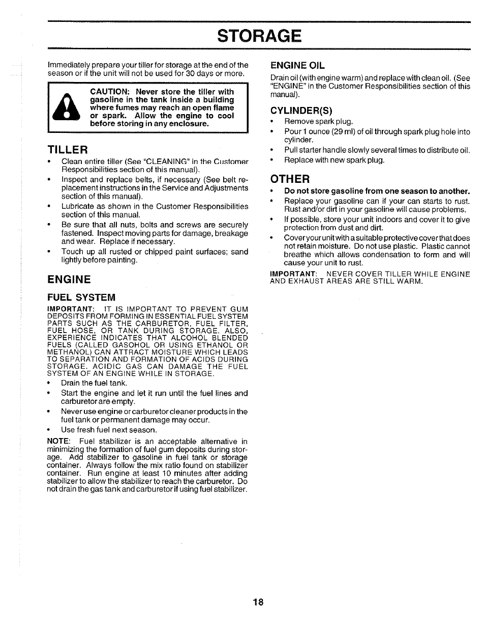 Tiller, Engine, Fuel system | Engine oil, Cylinder(s), Other, Storage | Poulan CHDR500E User Manual | Page 18 / 28