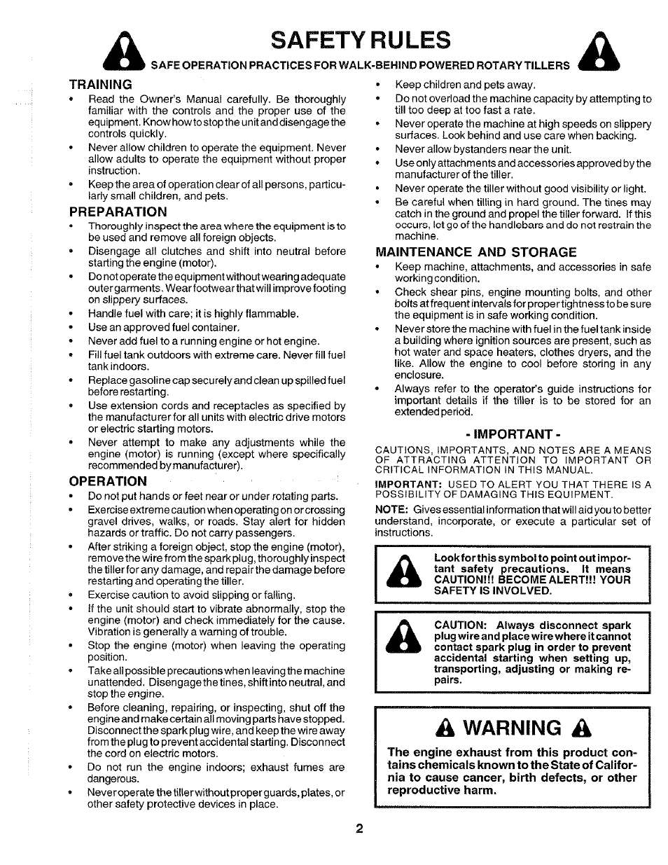 Training, Preparation, Operation | Maintenance and storage, Important, Safety ru les, Warning | Poulan CHDR500E User Manual | Page 2 / 28