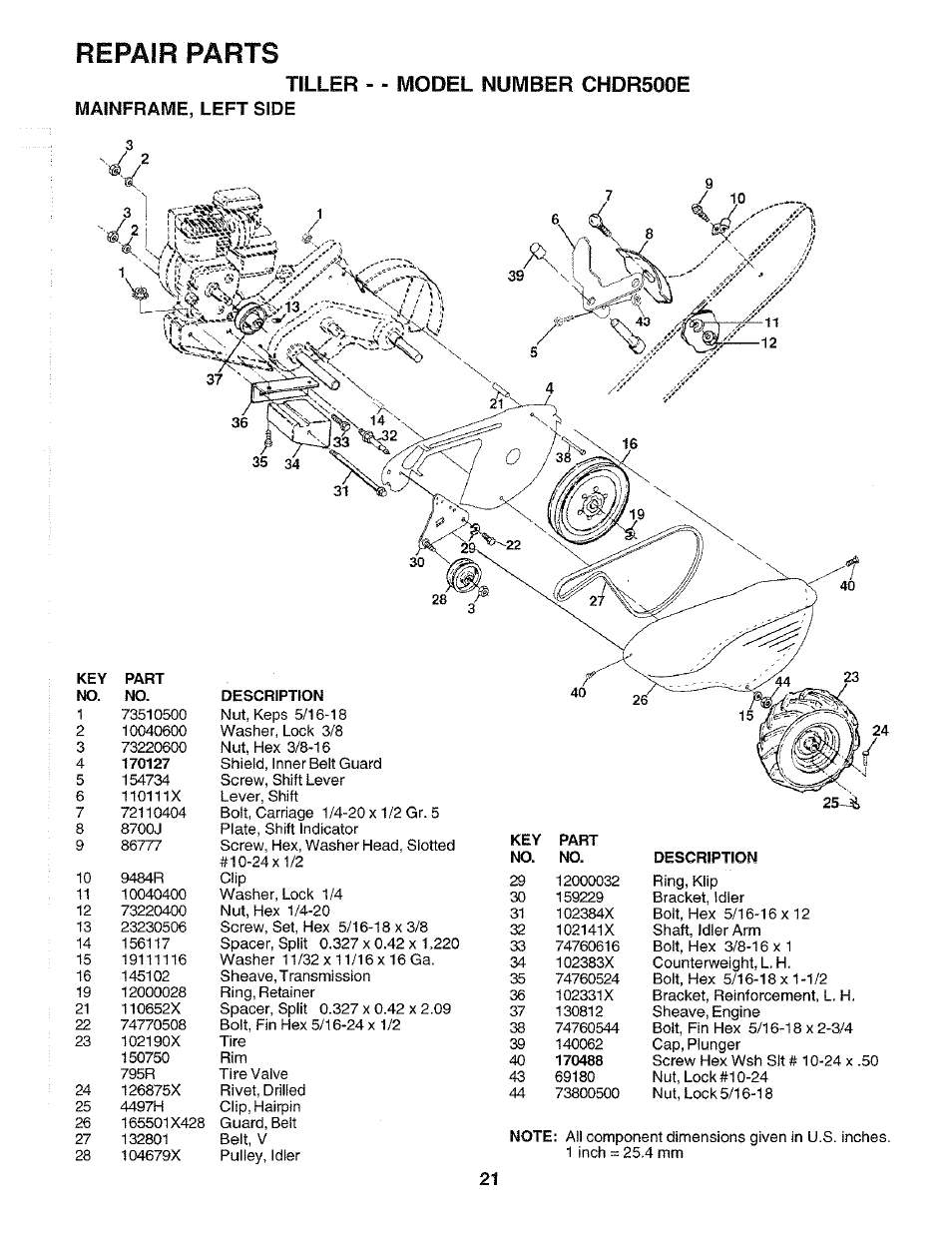 Tiller - - model number chdr500e, Parts, Repair | Mainframe, left side | Poulan CHDR500E User Manual | Page 21 / 28