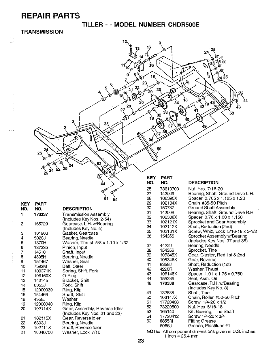 Transmission, Repair parts, Tiller - « model number chdr500e | Poulan CHDR500E User Manual | Page 23 / 28