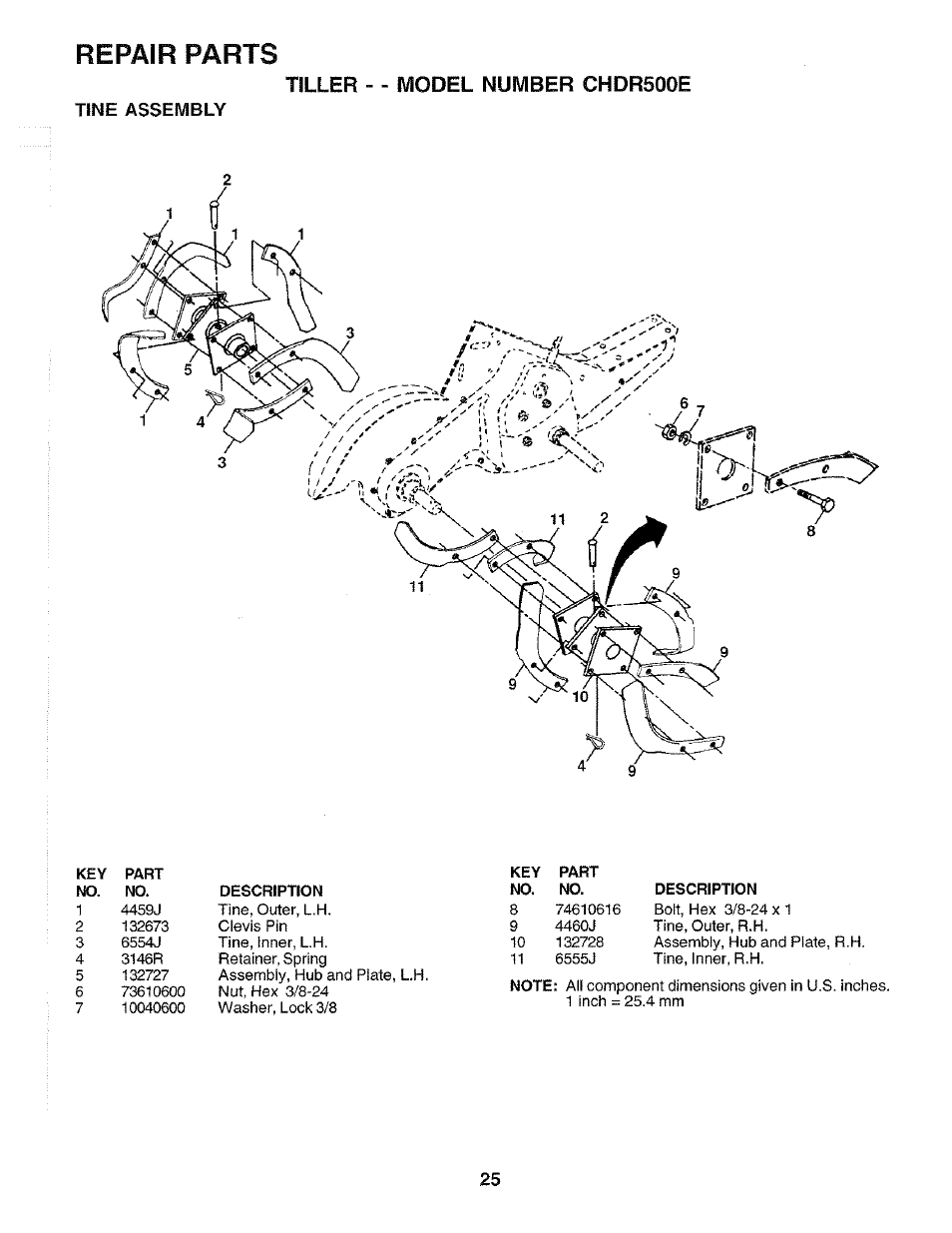 Tine assembly, Repair parts, Tiller - - model number chdr500e | Poulan CHDR500E User Manual | Page 25 / 28