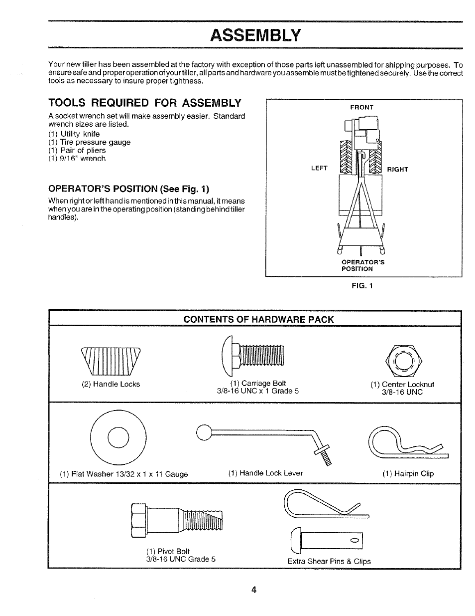 Tools required for assembly, Operator’s position (see fig. 1), Contents of hardware pack | Assembly | Poulan CHDR500E User Manual | Page 4 / 28