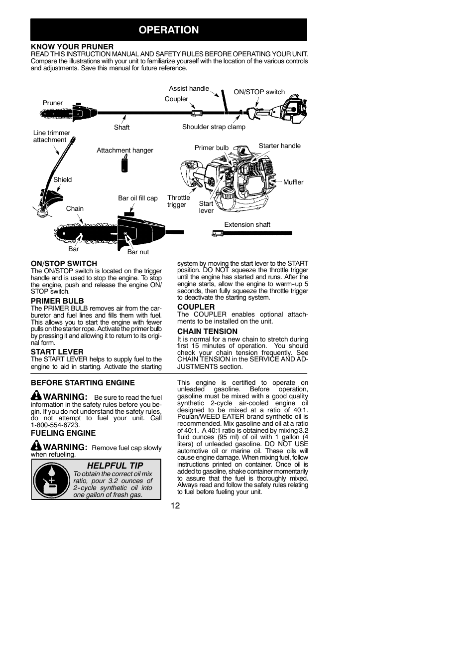 Operation, Warning, Helpful tip | Poulan Pro PP338PT User Manual | Page 12 / 25