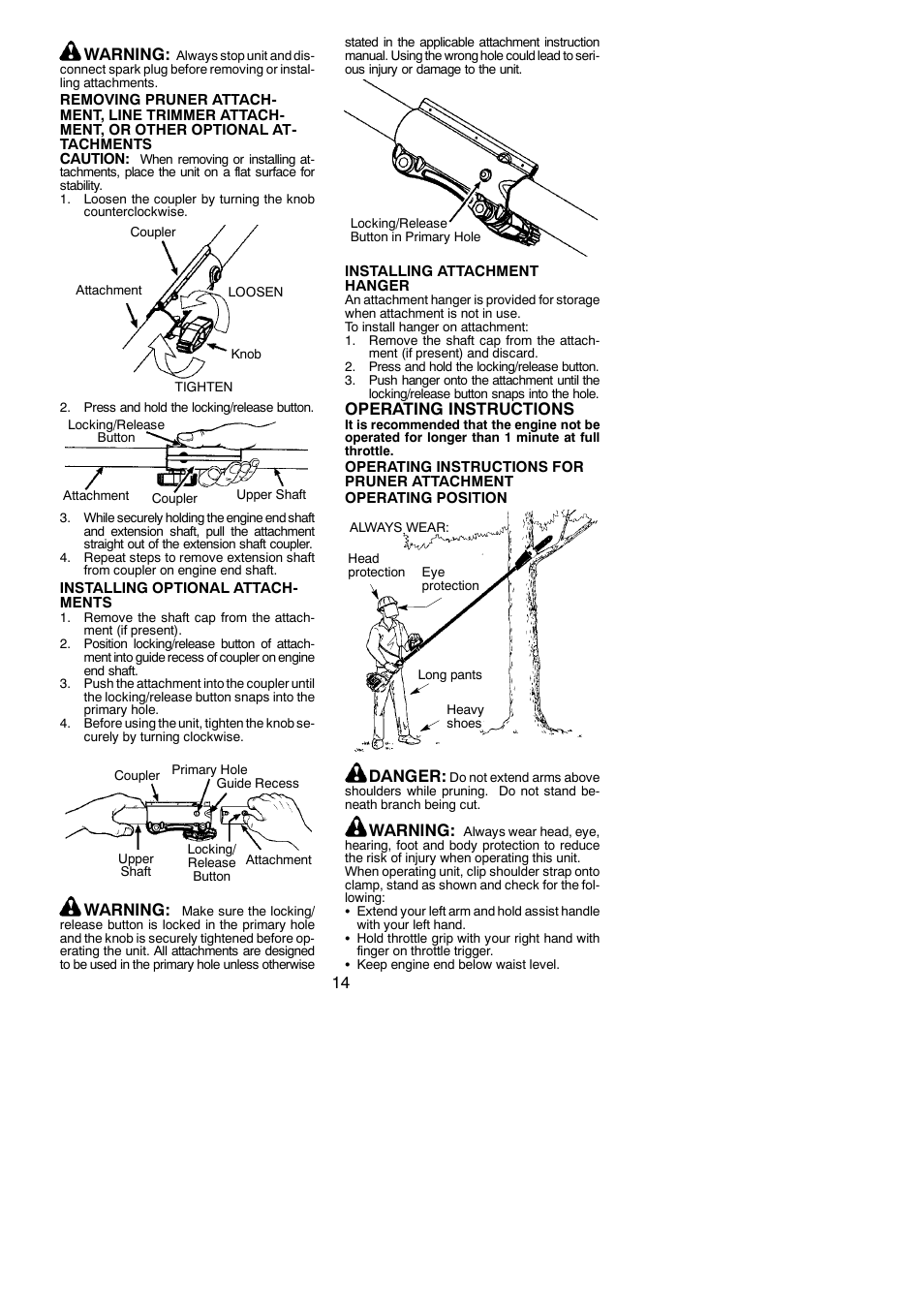 14 warning, Warning, Operating instructions | Danger | Poulan Pro PP338PT User Manual | Page 14 / 25