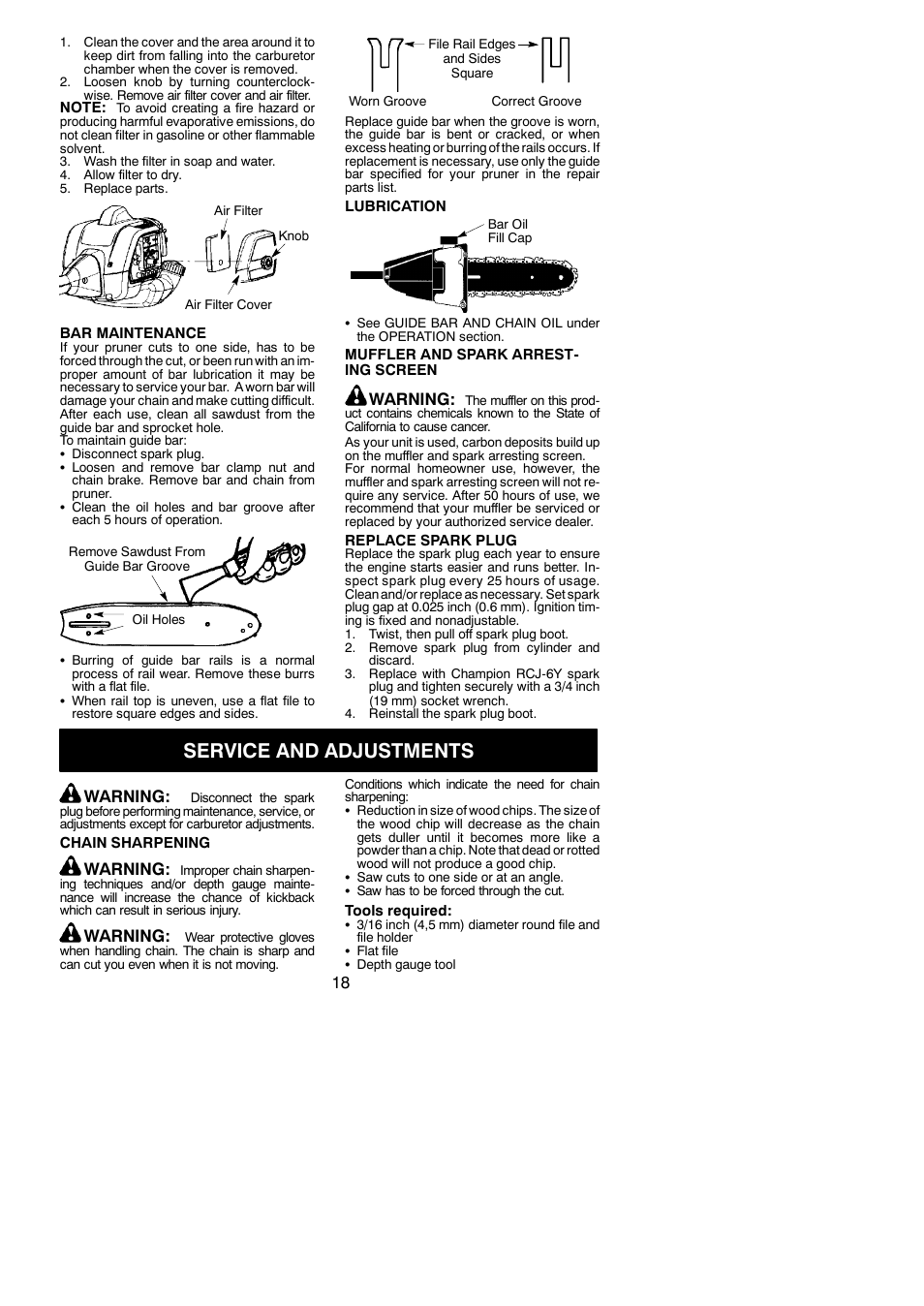 Service and adjustments, Warning | Poulan Pro PP338PT User Manual | Page 18 / 25