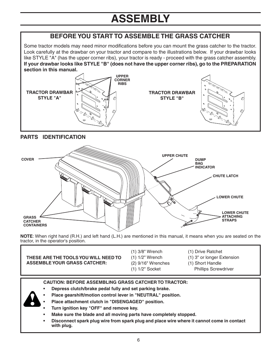Assembly, Before you start to assemble the grass catcher, Parts identification | Poulan 954 04 06-06 User Manual | Page 6 / 19