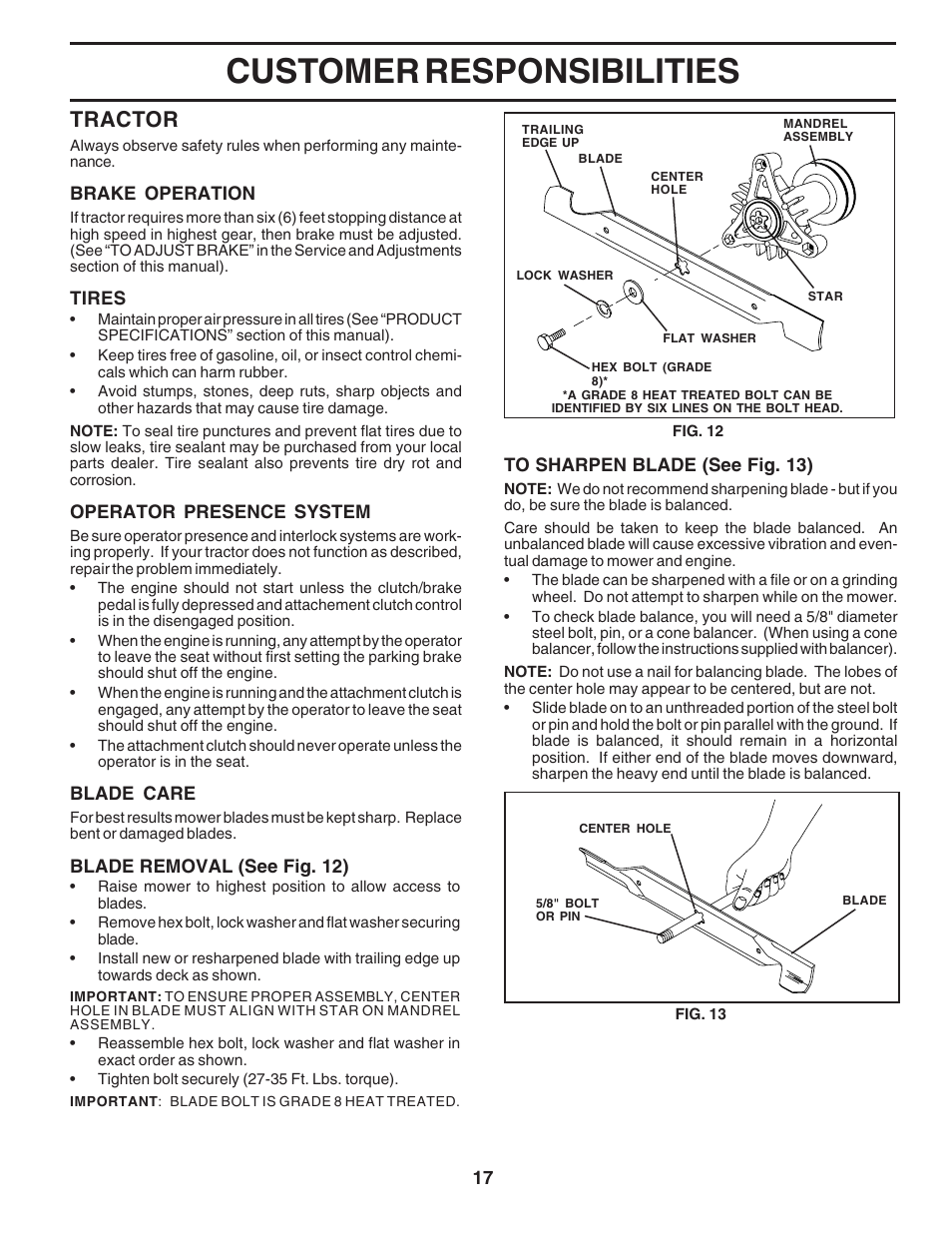 Customer responsibilities, Tractor | Poulan 180241 User Manual | Page 17 / 48