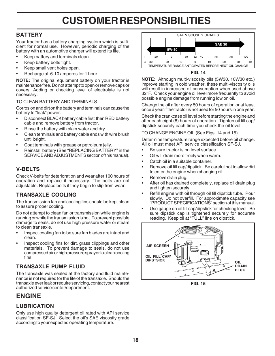 Customer responsibilities, Engine, V-belts | Transaxle cooling, Transaxle pump fluid, Lubrication, Battery | Poulan 180241 User Manual | Page 18 / 48