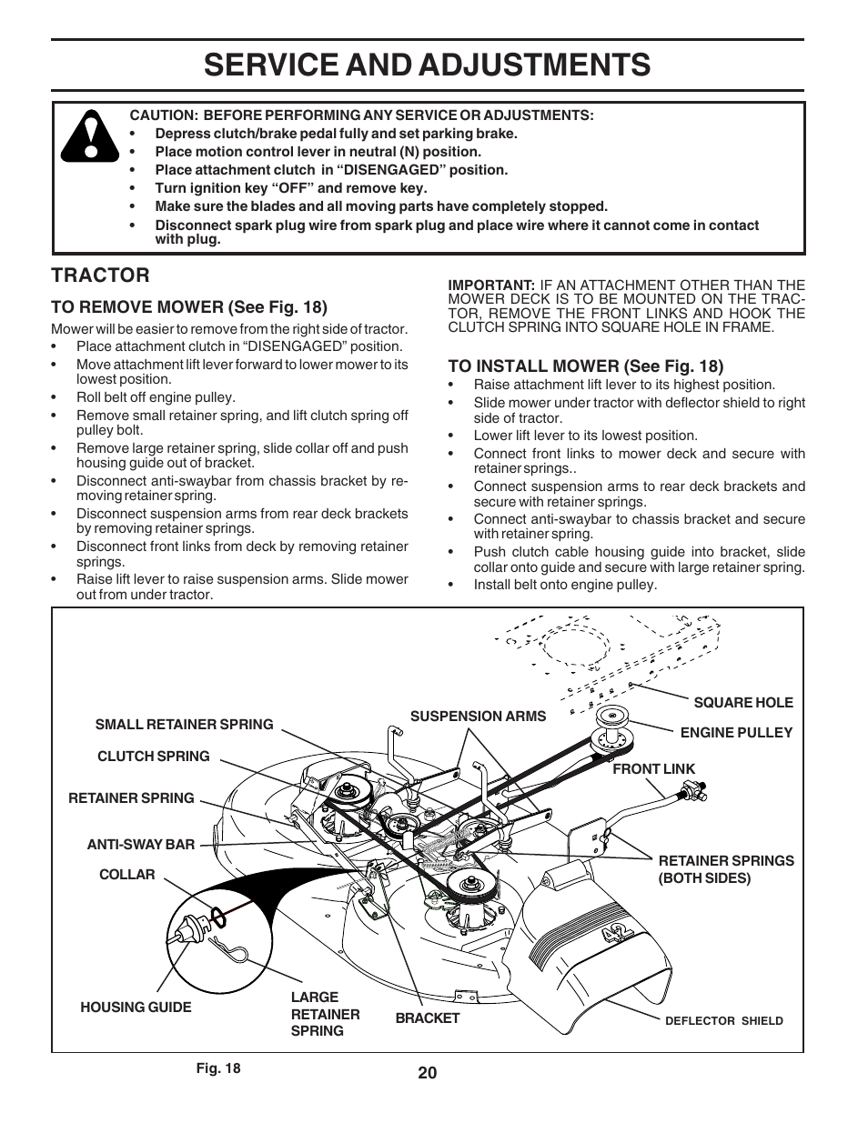 Service and adjustments, Tractor | Poulan 180241 User Manual | Page 20 / 48