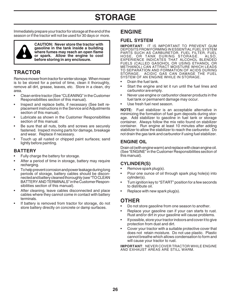 Storage, Tractor, Engine | Other | Poulan 180241 User Manual | Page 26 / 48