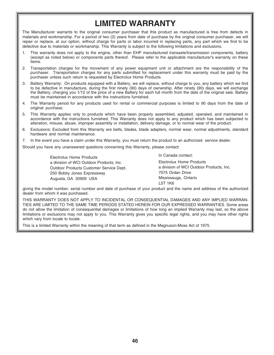 Limited warranty | Poulan 180241 User Manual | Page 46 / 48