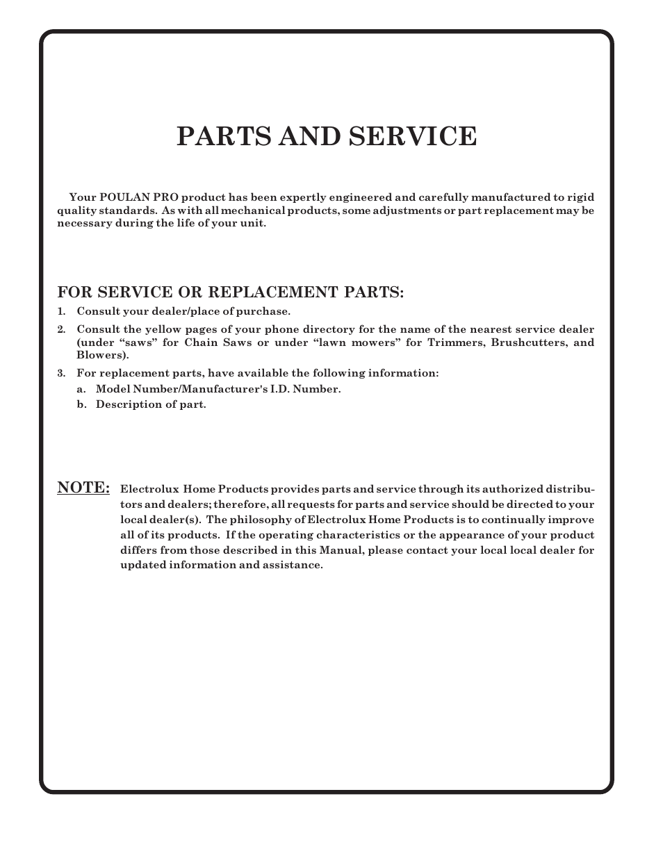 Parts and service | Poulan 180241 User Manual | Page 48 / 48