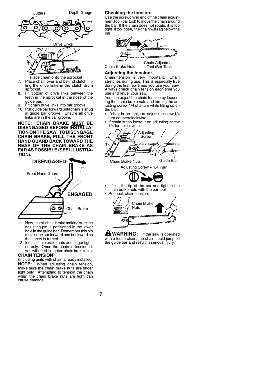 Disengaged engaged, Warning | Poulan 530165320-01 User Manual | Page 7 / 18