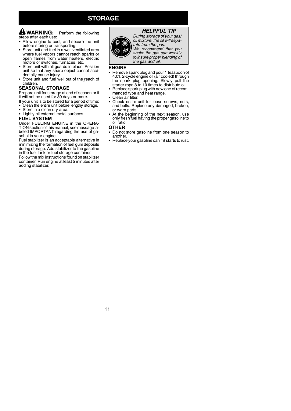 Storage, Warning, Helpful tip | Poulan P3500 User Manual | Page 11 / 14