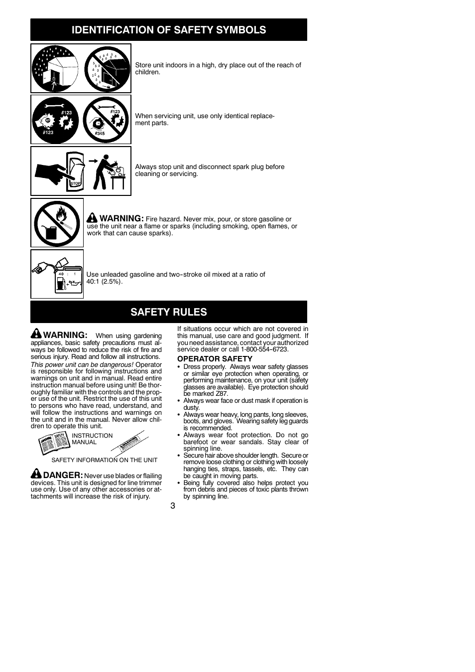 Identification of safety symbols, Safety rules, Warning | Danger | Poulan P3500 User Manual | Page 3 / 14