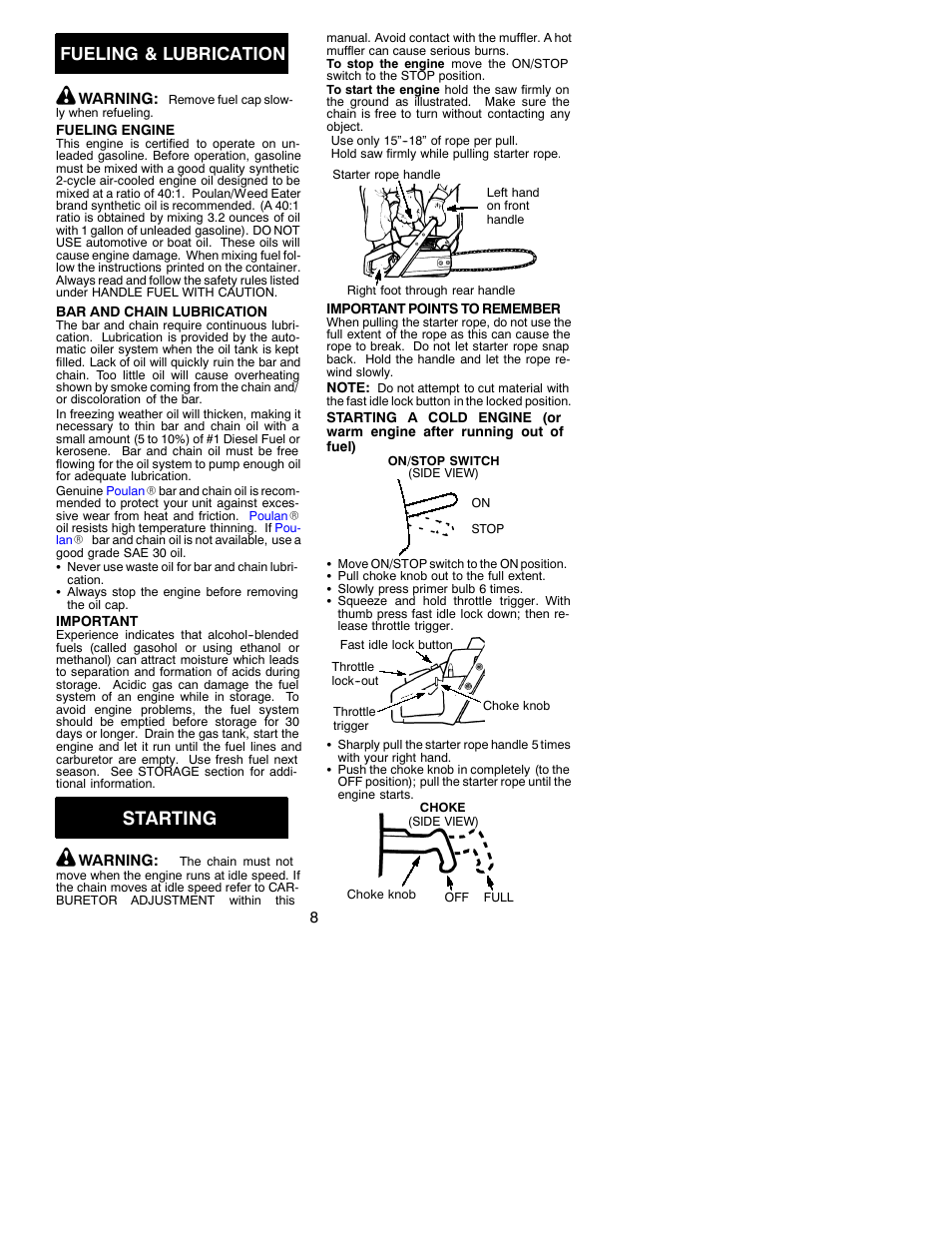 Starting, Fueling & lubrication | Poulan 2050 User Manual | Page 8 / 16