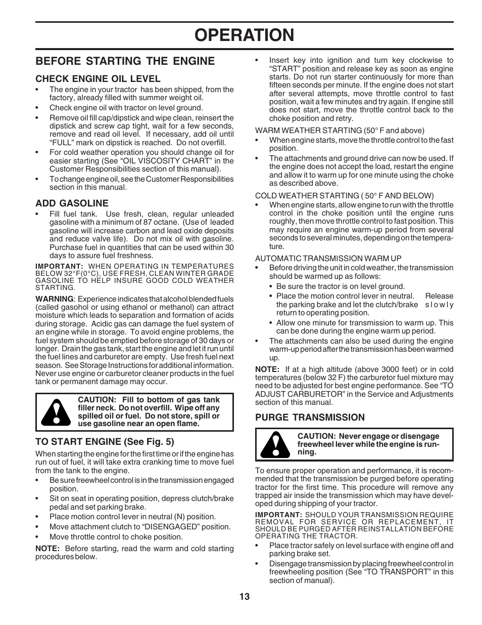 Operation, Before starting the engine | Poulan 182565 User Manual | Page 13 / 48