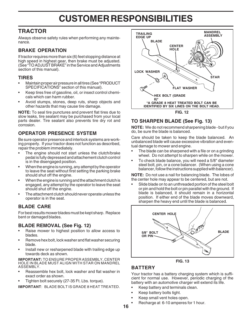 Customer responsibilities, Tractor | Poulan 182565 User Manual | Page 16 / 48