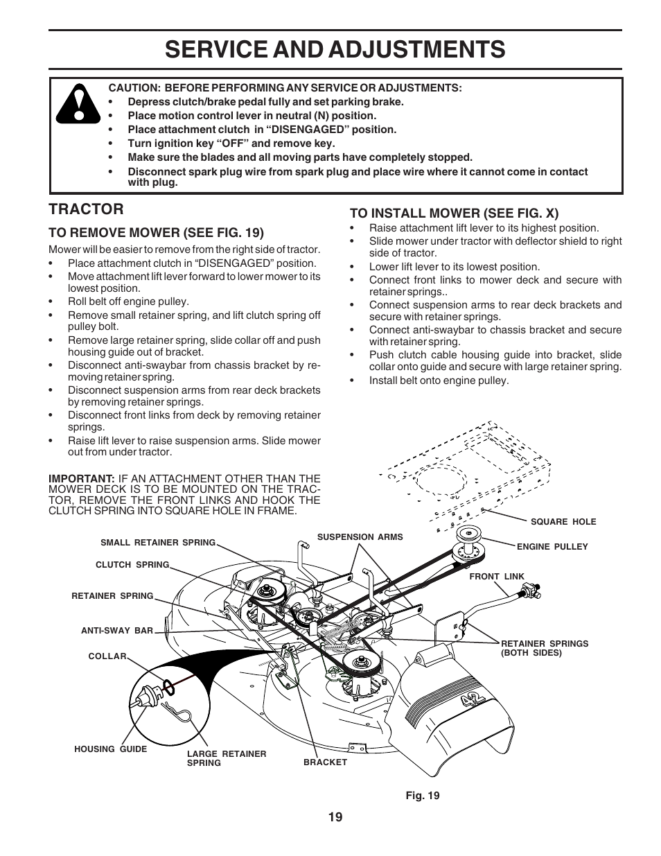 Service and adjustments, Tractor | Poulan 182565 User Manual | Page 19 / 48