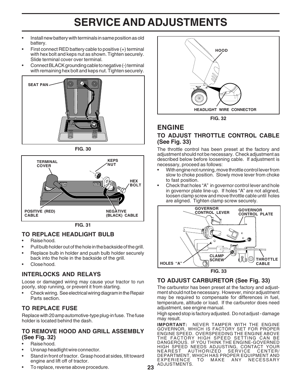 Service and adjustments, Engine | Poulan 182565 User Manual | Page 23 / 48