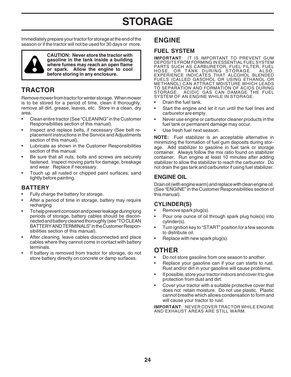 Storage, Tractor, Engine | Other | Poulan 182565 User Manual | Page 24 / 48
