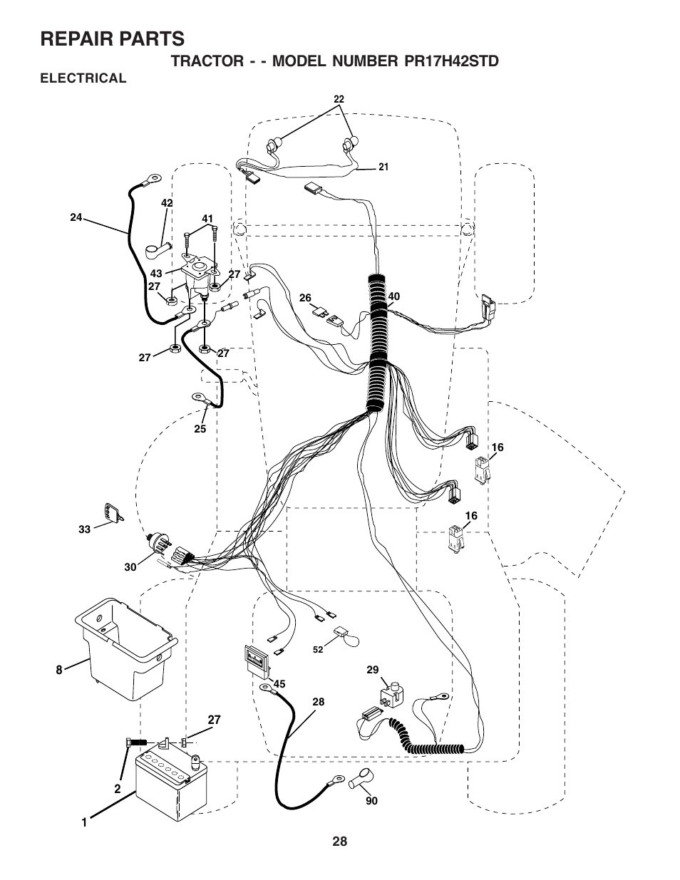 Repair parts, Tractor - - model number pr17h42std, Electrical | Poulan 182565 User Manual | Page 28 / 48