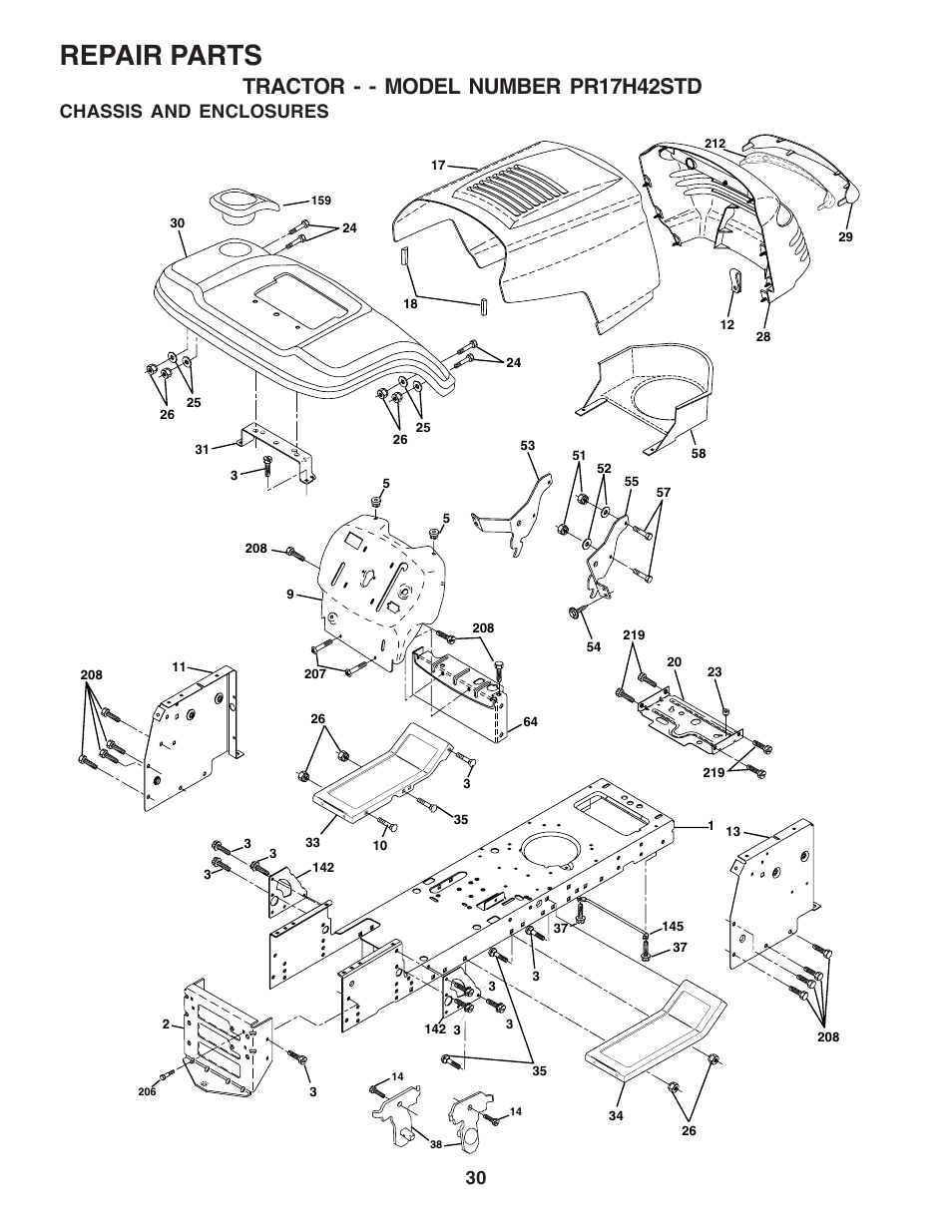 Repair parts, Tractor - - model number pr17h42std, Chassis and enclosures | Poulan 182565 User Manual | Page 30 / 48