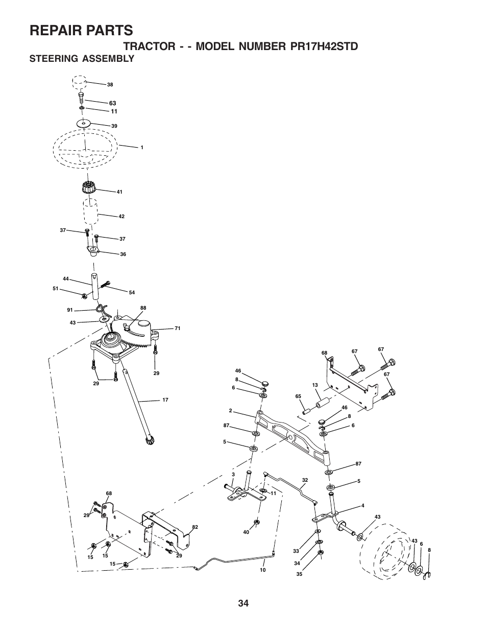 Repair parts, Tractor - - model number pr17h42std, Steering assembly | Poulan 182565 User Manual | Page 34 / 48