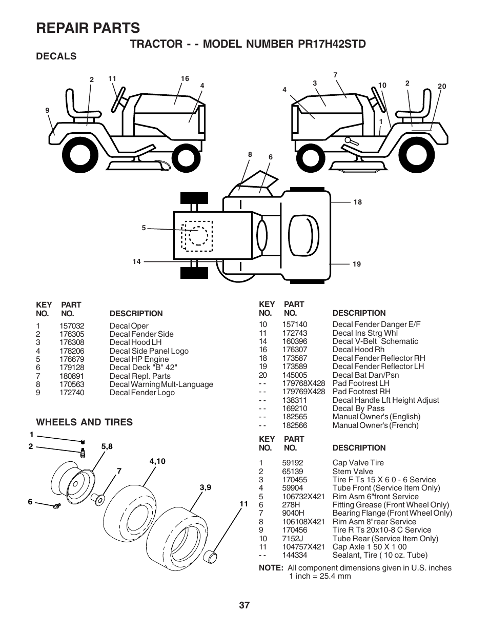 Repair parts, Tractor - - model number pr17h42std | Poulan 182565 User Manual | Page 37 / 48