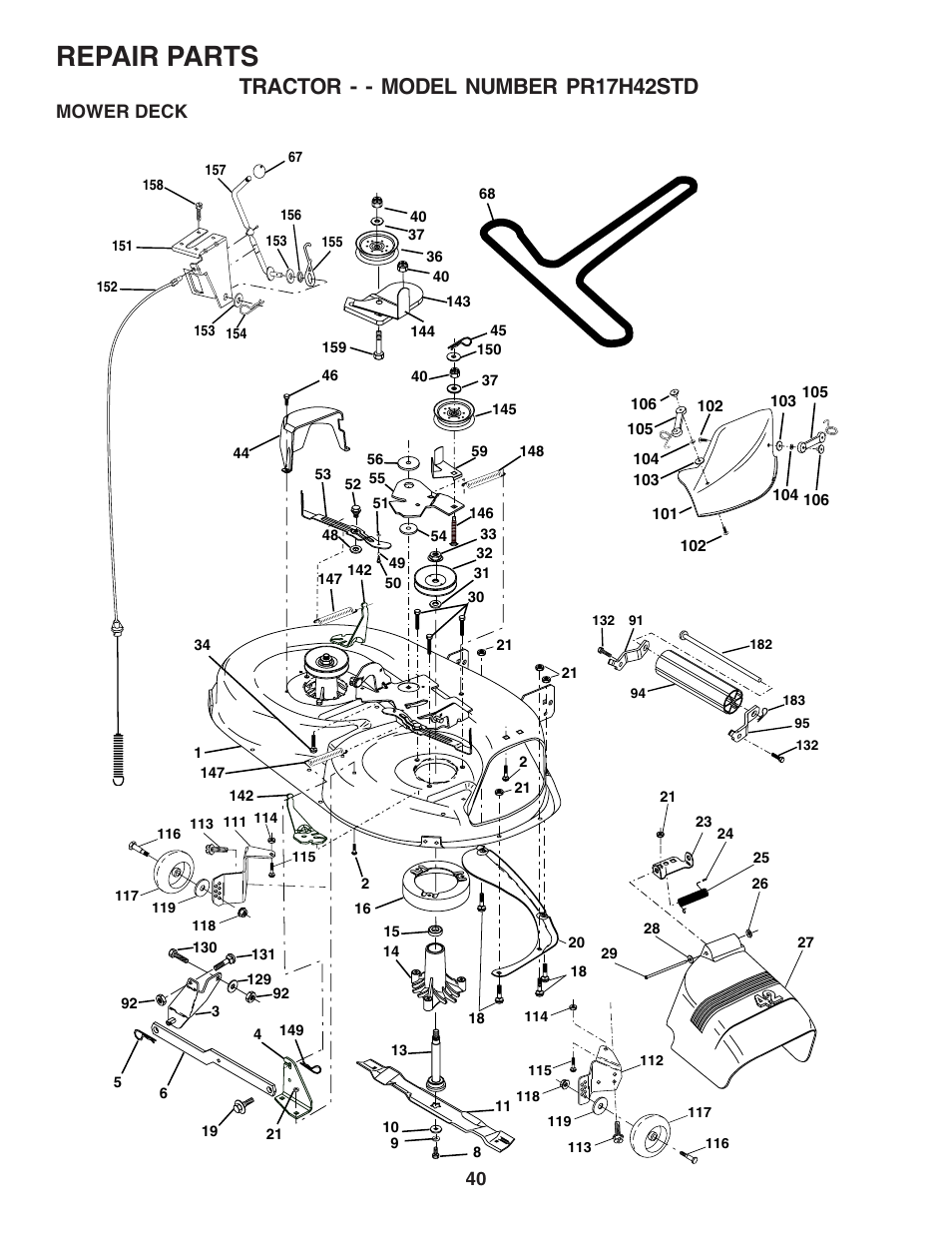 Repair parts, Tractor - - model number pr17h42std, Mower deck | Poulan 182565 User Manual | Page 40 / 48