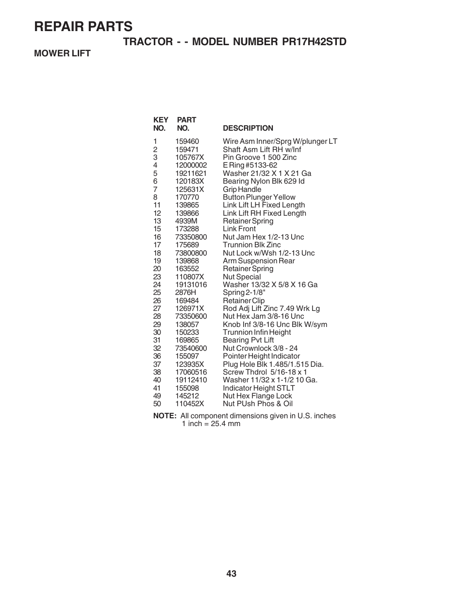 Repair parts, Tractor - - model number pr17h42std | Poulan 182565 User Manual | Page 43 / 48