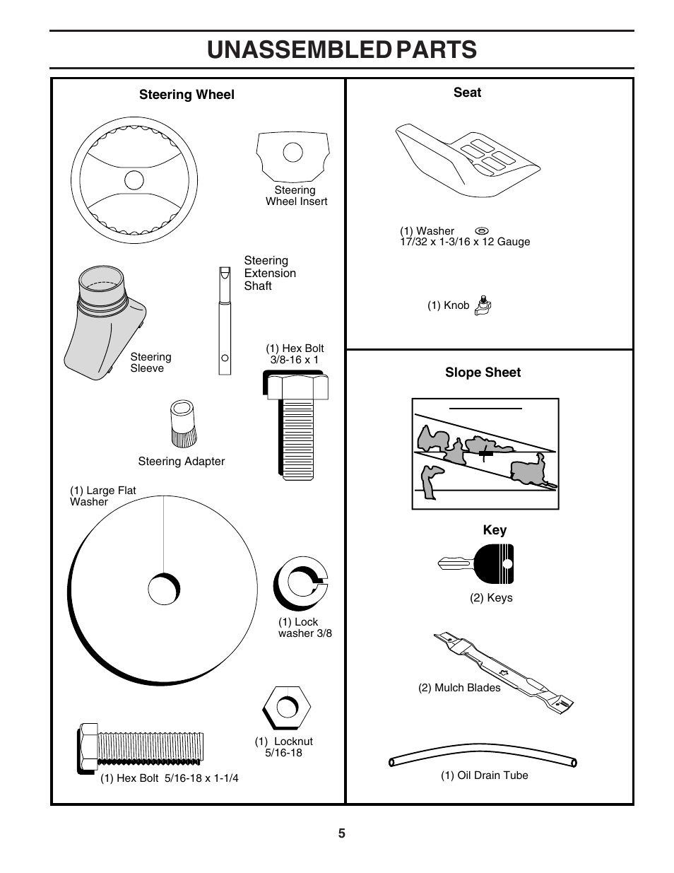 Unassembled parts | Poulan 182565 User Manual | Page 5 / 48