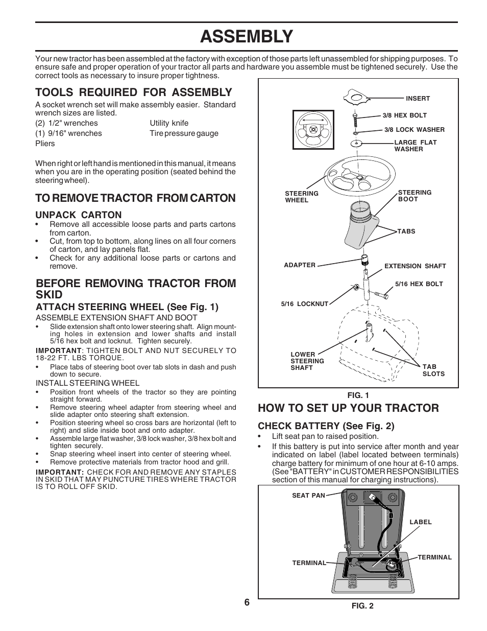 Assembly, Tools required for assembly, How to set up your tractor | Before removing tractor from skid | Poulan 182565 User Manual | Page 6 / 48