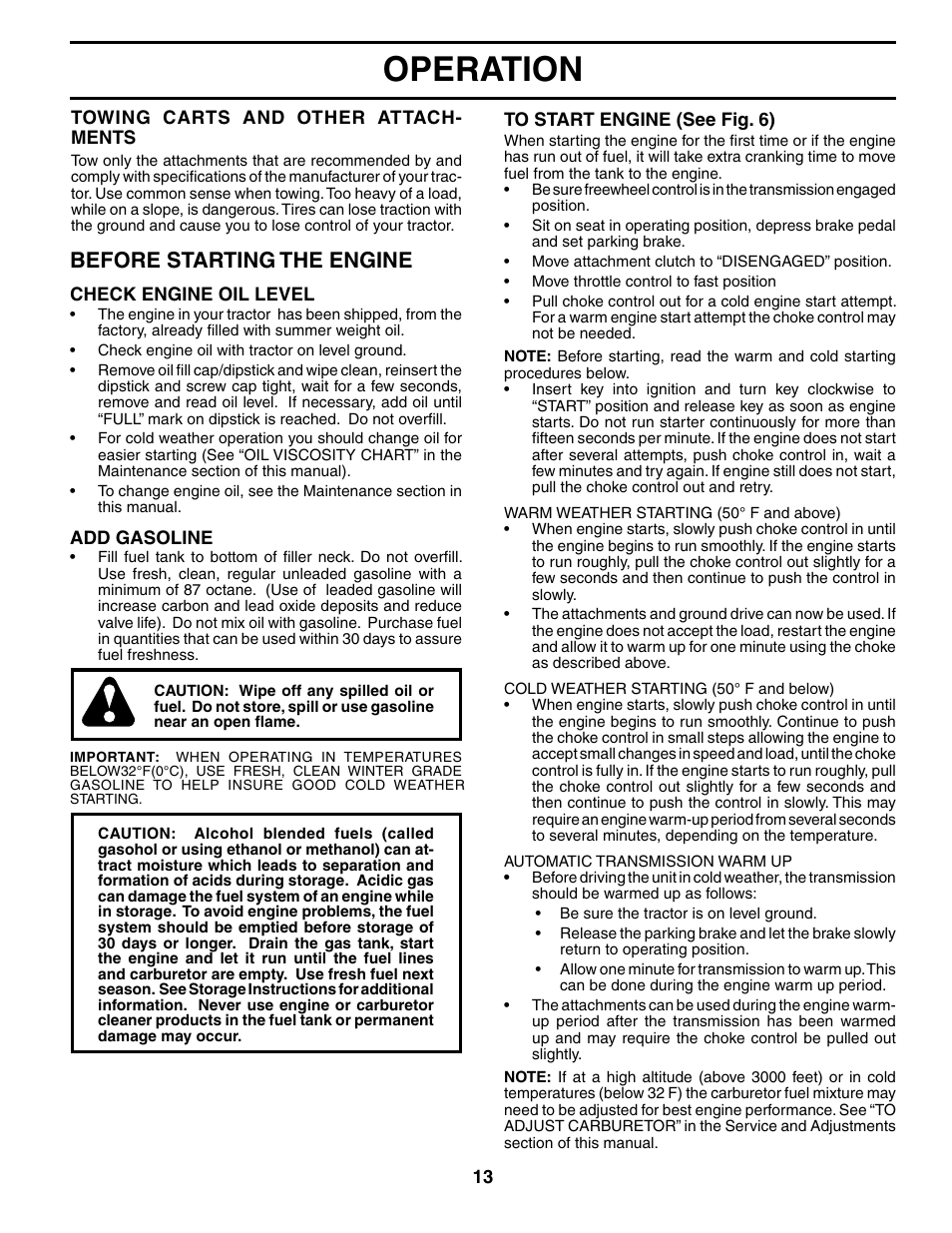 Operation, Before starting the engine | Poulan 186914 User Manual | Page 13 / 48