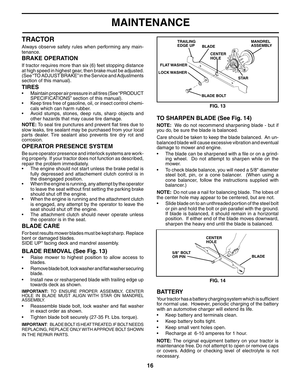 Maintenance, Tractor | Poulan 186914 User Manual | Page 16 / 48