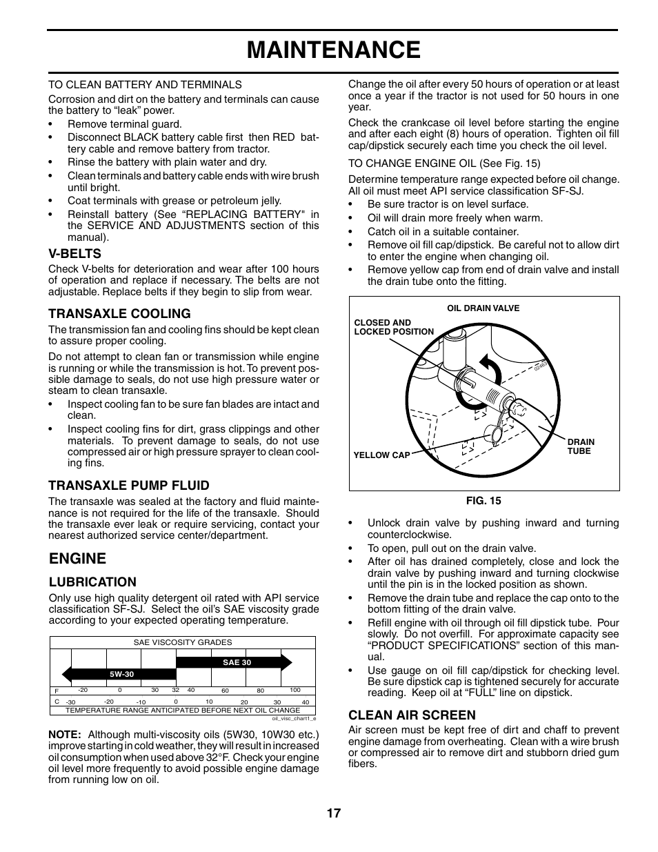 Maintenance, Engine, Clean air screen | Transaxle cooling, Transaxle pump fluid, V-belts, Lubrication | Poulan 186914 User Manual | Page 17 / 48