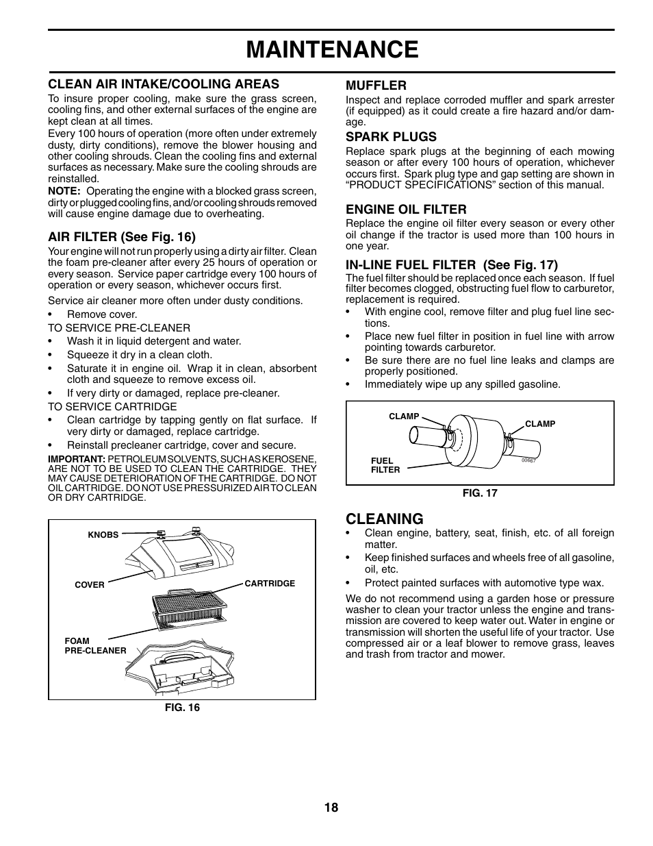 Maintenance, Cleaning | Poulan 186914 User Manual | Page 18 / 48