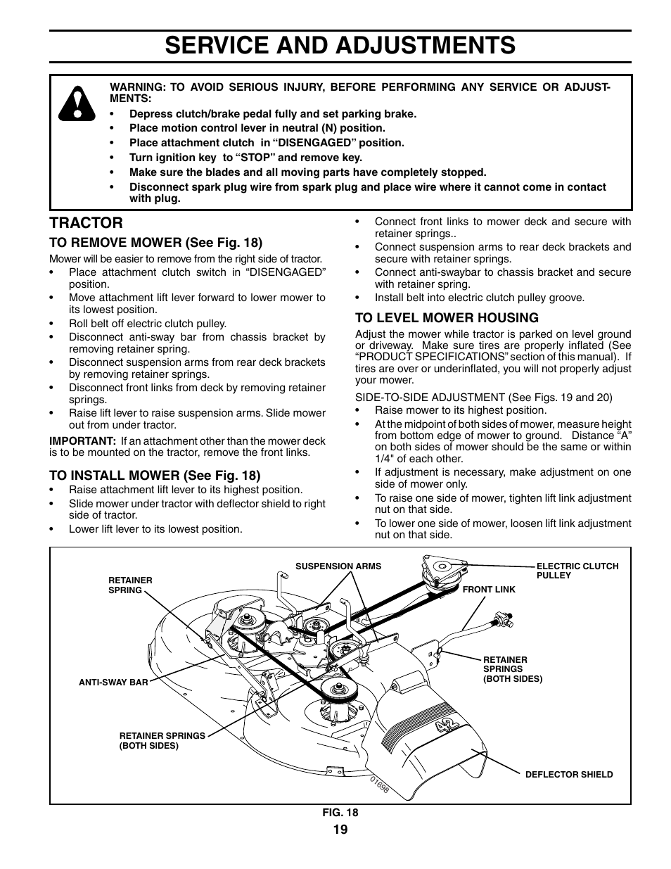 Service and adjustments, Tractor | Poulan 186914 User Manual | Page 19 / 48