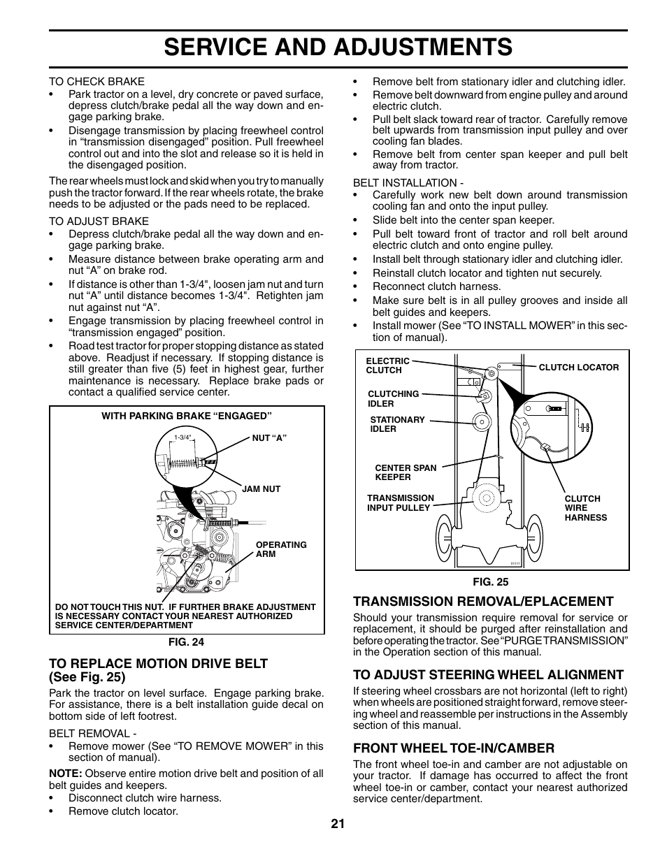 Service and adjustments, Transmission removal/e place ment, Front wheel toe-in/camber | Poulan 186914 User Manual | Page 21 / 48