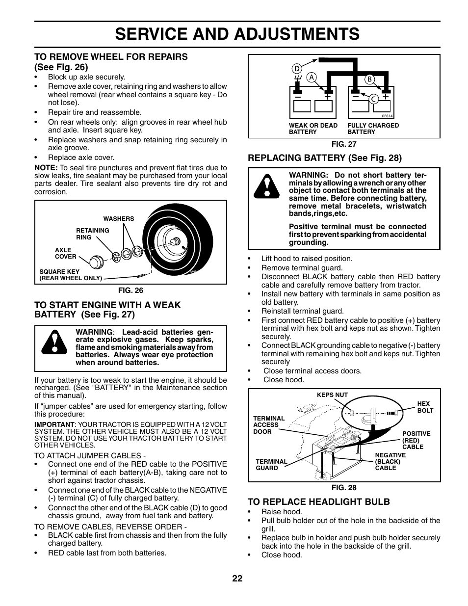 Service and adjustments, 22 to remove wheel for repairs (see fig. 26), Replacing battery (see fig. 28) | Poulan 186914 User Manual | Page 22 / 48